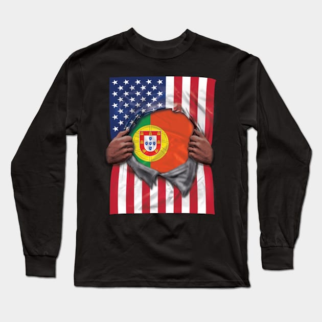 Portugal Flag American Flag Ripped - Gift for Portuguese From Portugal Long Sleeve T-Shirt by Country Flags